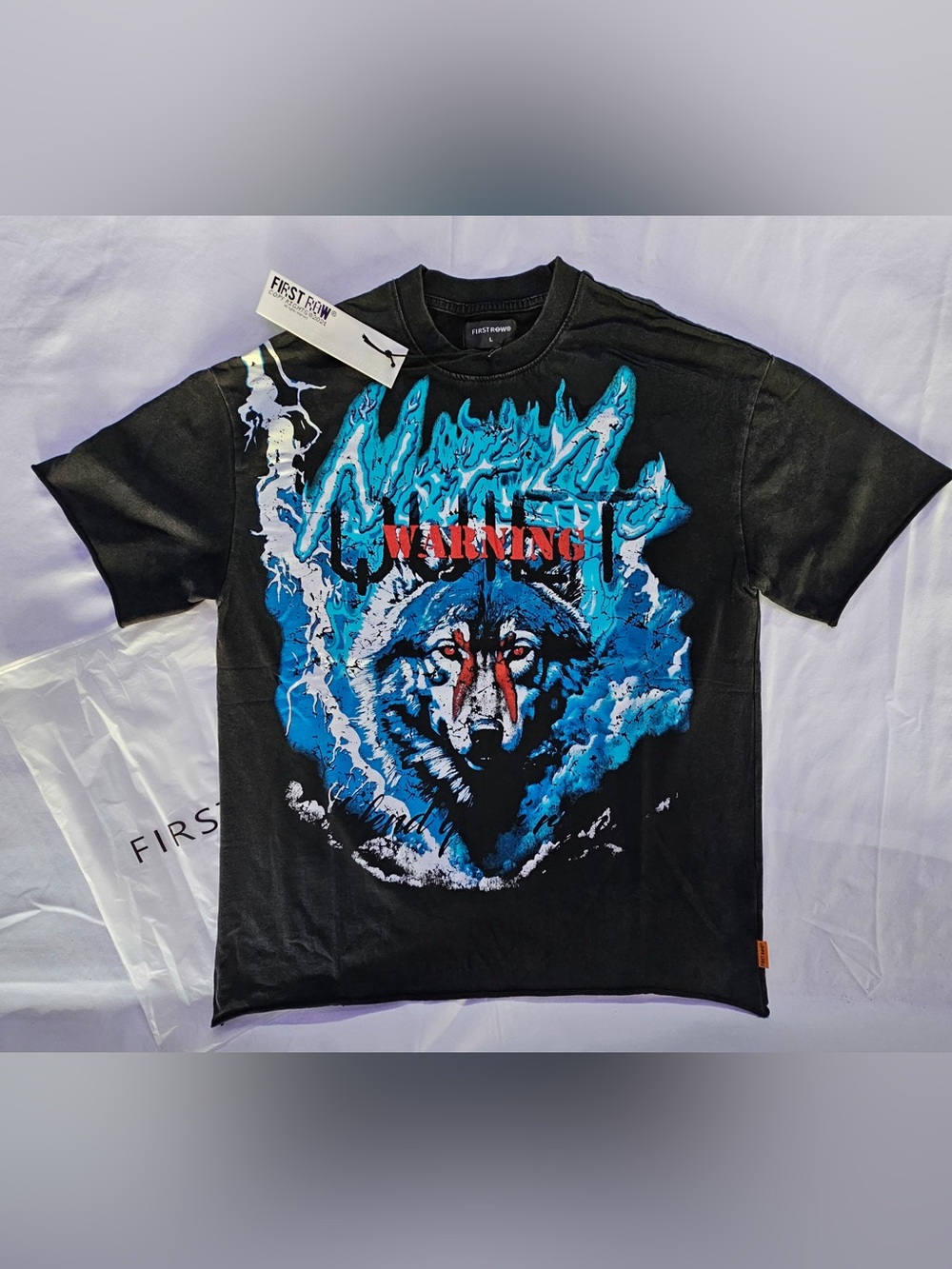 First Row Graphic Wolf Flame T-Shirt in Black and Blue